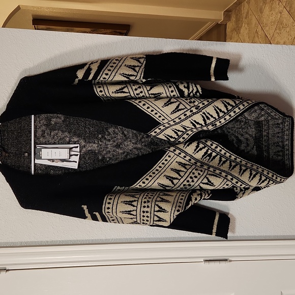 022.NWT $268 MAXSTUDIO BOHEMIAN OPEN CARDIGAN IN BLACK & IVORY - Picture 2 of 7
